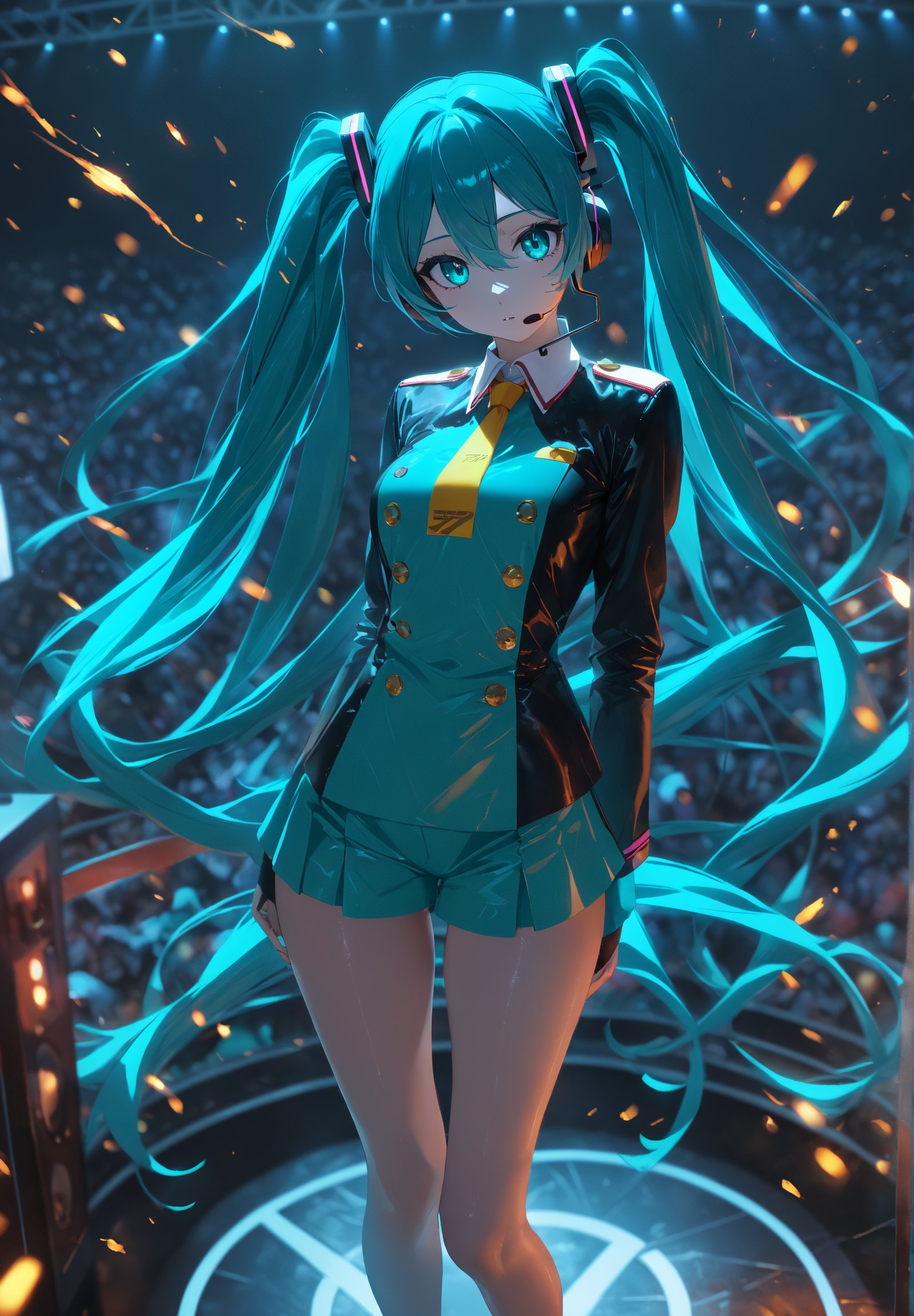 SCORE_9, SCORE_8_UP, SCORE_7_UP, SCORE_6_UP,

MASTERPIECE, BEST QUALITY, HIGH QUALITY, 
HIGHRES, ABSURDRES, PERFECT COMPOSITION,
INTRICATE DETAILS, ULTRA-DETAILED,
PERFECT FACE, PERFECT EYES,
NEWEST, 

Movie Poster page, (promotional poster), Hatsune Miku, 1female, solo, humanoid android, teal hair, teal eyes, singer's uniform, headset, WeirdOutfit style, concert, Nippon Budokan, glowneon, glowing, sparks, lightning, shadow minimalism, (best quality), (masterpiece), detailed, beautiful detailed eyes, perfect anatomy, perfect body, perfect face, perfect hair, perfect legs, perfect hands, perfect arms, perfect fingers, detailed hair, detailed face, detailed eyes, detailed clothes, detailed skin, ultra-detailed, (full body), (upper body), (top quality), pop art, extremely detailed, extremely detailed CG, (high resolution), highly detailed, (high quality), (perfect quality), (glitchcore colors), racingmiku2022,