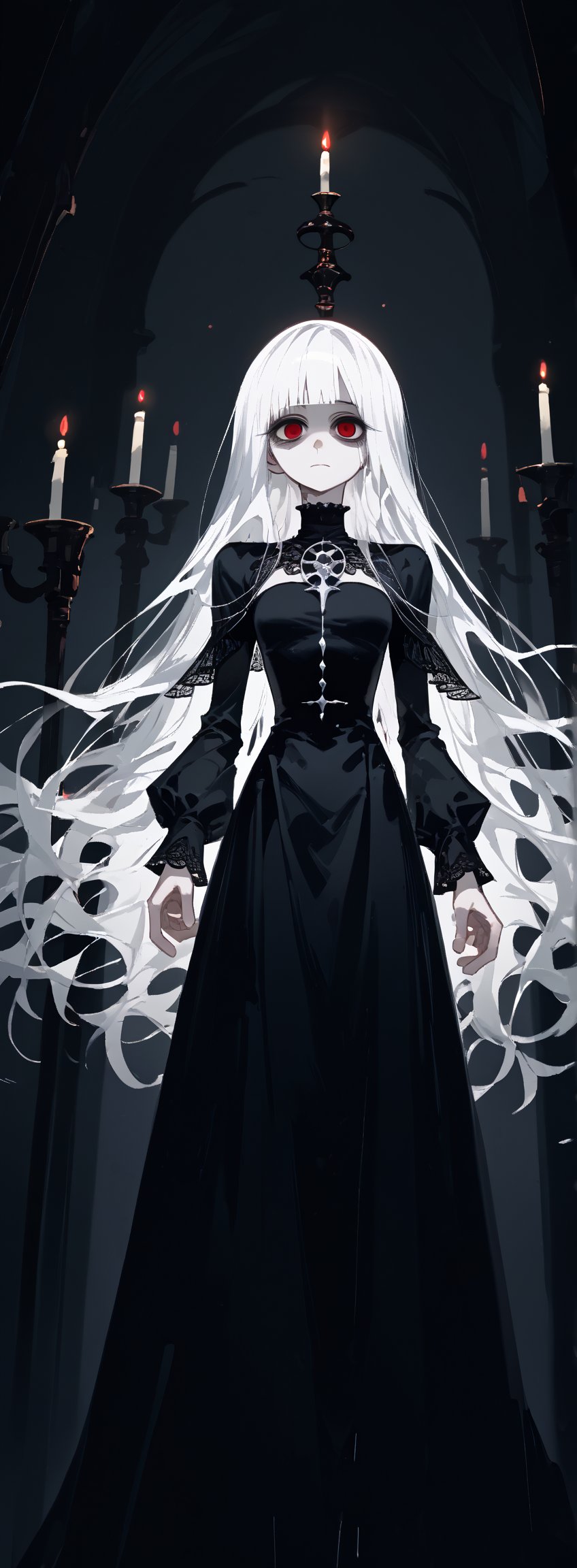 SCORE_9, SCORE_8_UP, SCORE_7_UP, SCORE_6_UP,

MASTERPIECE, BEST QUALITY, HIGH QUALITY, 
HIGHRES, ABSURDRES,
INTRICATE DETAILS, ULTRA-DETAILED,
NEWEST, AESTHETIC,

1girl, in a dark room, gothic, candlelight, (extra long hair, white hair, straight hair), red eyes, round eyes, cute face, lonely, black long dress,

(bags_under_eyes), no pupils, blank_eyes,