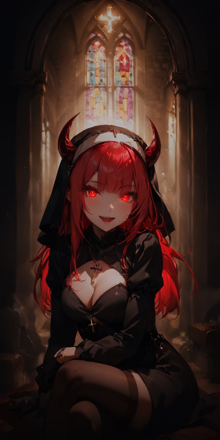 BEST QUALITY, HIGHRES, ABSURDRES, HIGH_RESOLUTION, MASTERPIECE, SUPER DETAIL, HYPER DETAIL, INTRICATE_DETAILS, PERFECTEYES, DARK EYELASHES, EYELINER, SOFT GLOWING EYES, 64K,

1girl, solo, long hair, looking at viewer, smile, open mouth, bangs, red eyes, thighhighs, gloves, long sleeves, jewelry, sitting, red hair, multicolored hair, horns, teeth, black gloves, puffy sleeves, black thighhighs, indoors, blunt bangs, necklace, glowing, fangs, demon girl, crossed legs, cross, demon horns, glowing eyes, nun, habit, cross necklace, stained glass, church,