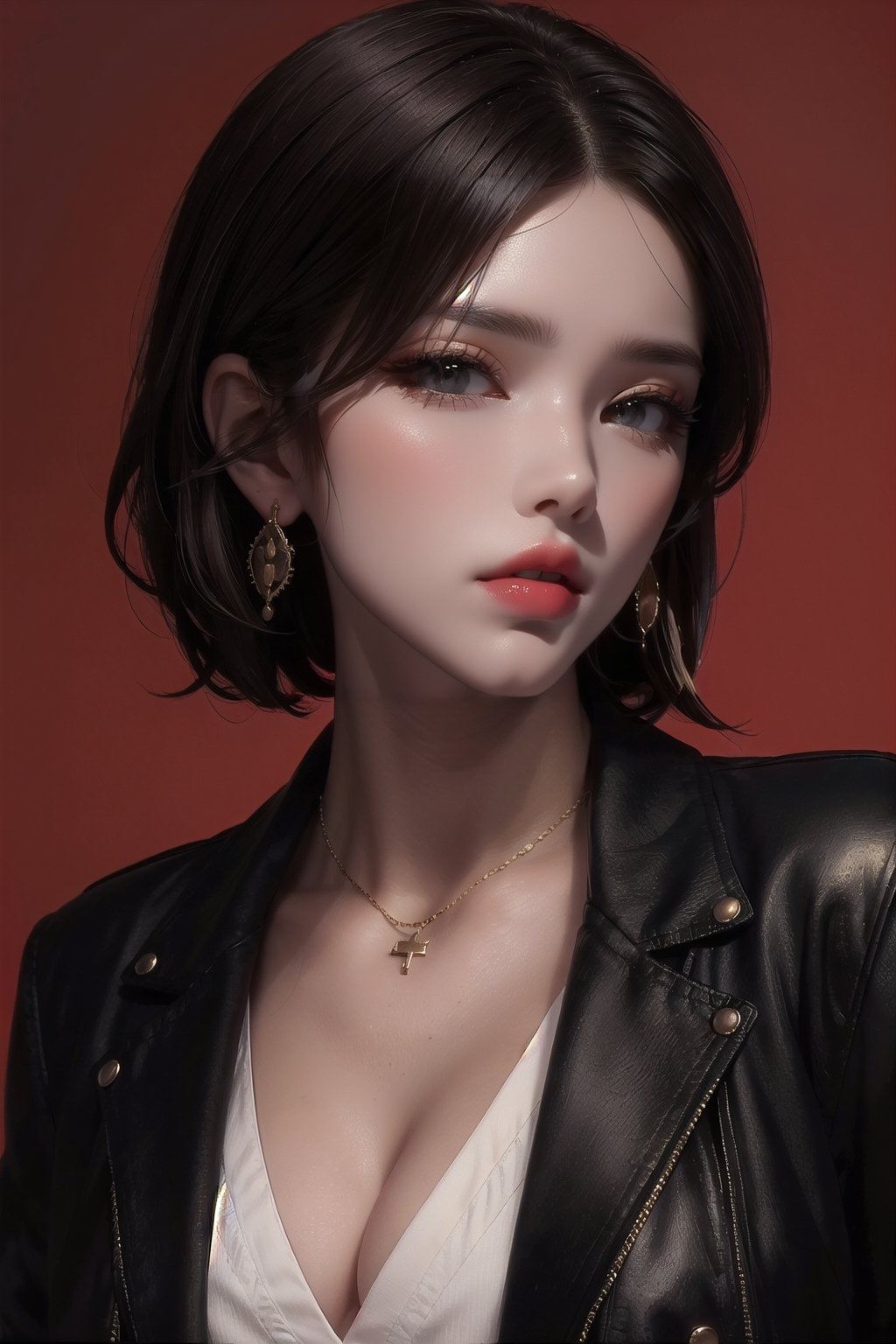 SCORE_9, SCORE_8_UP, SCORE_7_UP, SCORE_6_UP,
BEST QUALITY, HIGHRES, ABSURDRES, 4K, 8K, 64K,
MASTERPIECE, SUPER DETAIL, INTRICATE_DETAILS, PERFECTEYES, 

1girl, solo, (((looking down))), short hair, (((simple background))), brown hair, shirt, black hair, gold jewelry, jacket, white shirt, upper_body, gold earrings, parted lips, white collared shirt, medium hair, gold necklace, (((black jacket))), head tilt, makeup, suit, soft lipstick, (((red background))), soft red lips, front_view, chin_up, paint_(artwork), oil painting, cynical, eye_half_opened, sexy, 