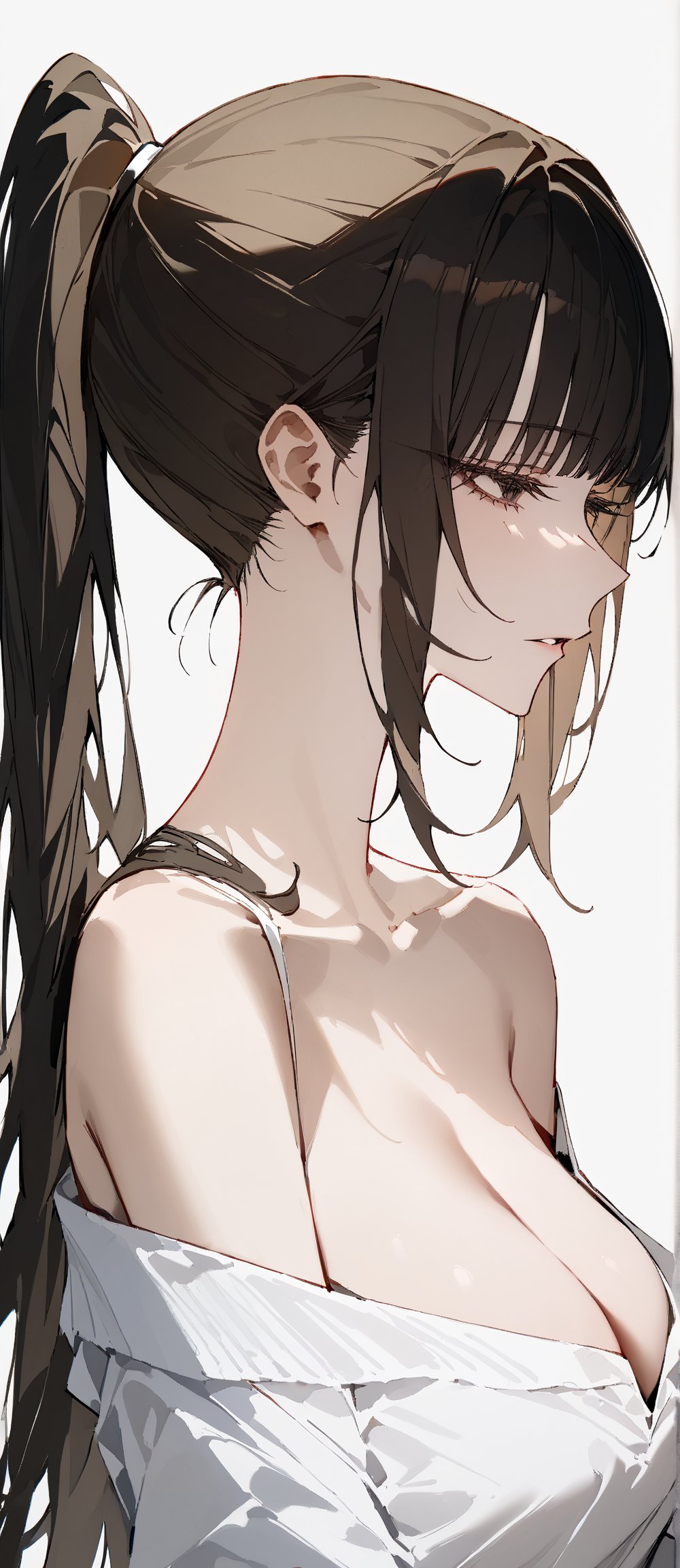 SCORE_9, SCORE_8_UP, SCORE_7_UP, SCORE_6_UP,

MASTERPIECE, BEST QUALITY, HIGH QUALITY, 
HIGHRES, ABSURDRES,
INTRICATE DETAILS, ULTRA-DETAILED,
NEWEST, AESTHETIC,

1girl, profile, ponytail, solo, lips, eyelashes, long_hair, bare_shoulders, from_side, upper_body, cleavage, black_hair, nose, medium_breasts, closed_mouth, looking_away, bangs, black_eyes, half-closed_eyes, parted_lips, shirt, brown_eyes, collarbone, brown_hair, off_shoulder, sidelocks,