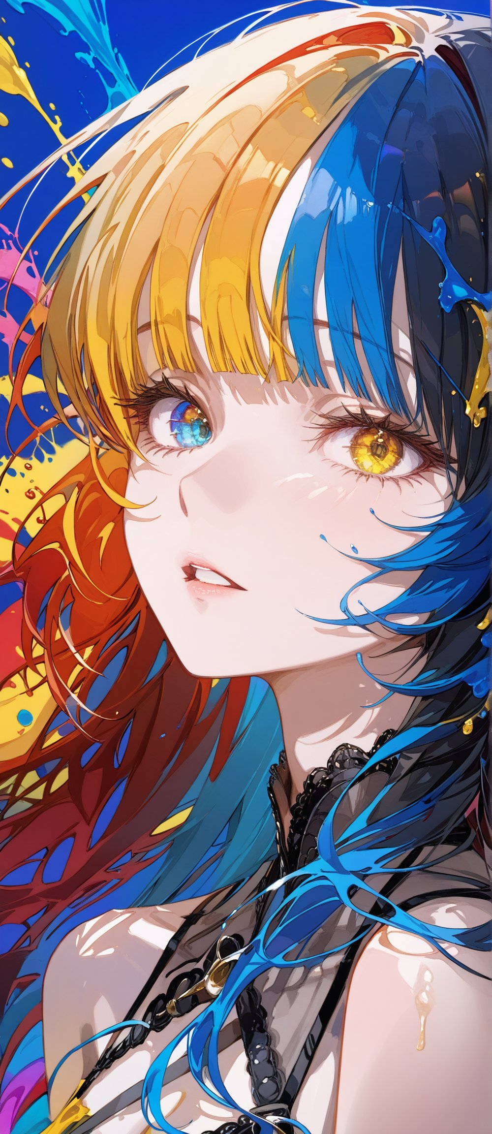 SCORE_9, SCORE_8_UP, SCORE_7_UP, SCORE_6_UP,

MASTERPIECE, BEST QUALITY, HIGH QUALITY, 
HIGHRES, ABSURDRES,
INTRICATE DETAILS, ULTRA-DETAILED,
NEWEST, AESTHETIC,

1girl, solo, bangs, simple background, parted lips, blue background, portrait, colorful, color art, color chaos, Color Splash