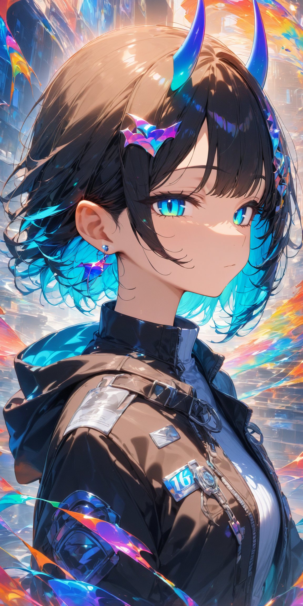 SCORE_9, SCORE_8_UP, SCORE_7_UP, SCORE_6_UP,

MASTERPIECE, BEST QUALITY, HIGH QUALITY, 
HIGHRES, ABSURDRES, PERFECT COMPOSITION,
INTRICATE DETAILS, ULTRA-DETAILED,
PERFECT FACE, PERFECT EYES,
NEWEST, 

rating:safe, 1girl, solo, horns, short_hair, jacket, blue_eyes, black_jacket, bangs, closed_mouth, looking_at_viewer, black_hair, chromatic_aberration, upper_body, expressionless, shirt, jewelry, from_side, earrings, looking_to_the_side, eyebrows_visible_through_hair, ear_piercing, demon_horns, colorful, glitch effect, dark, 