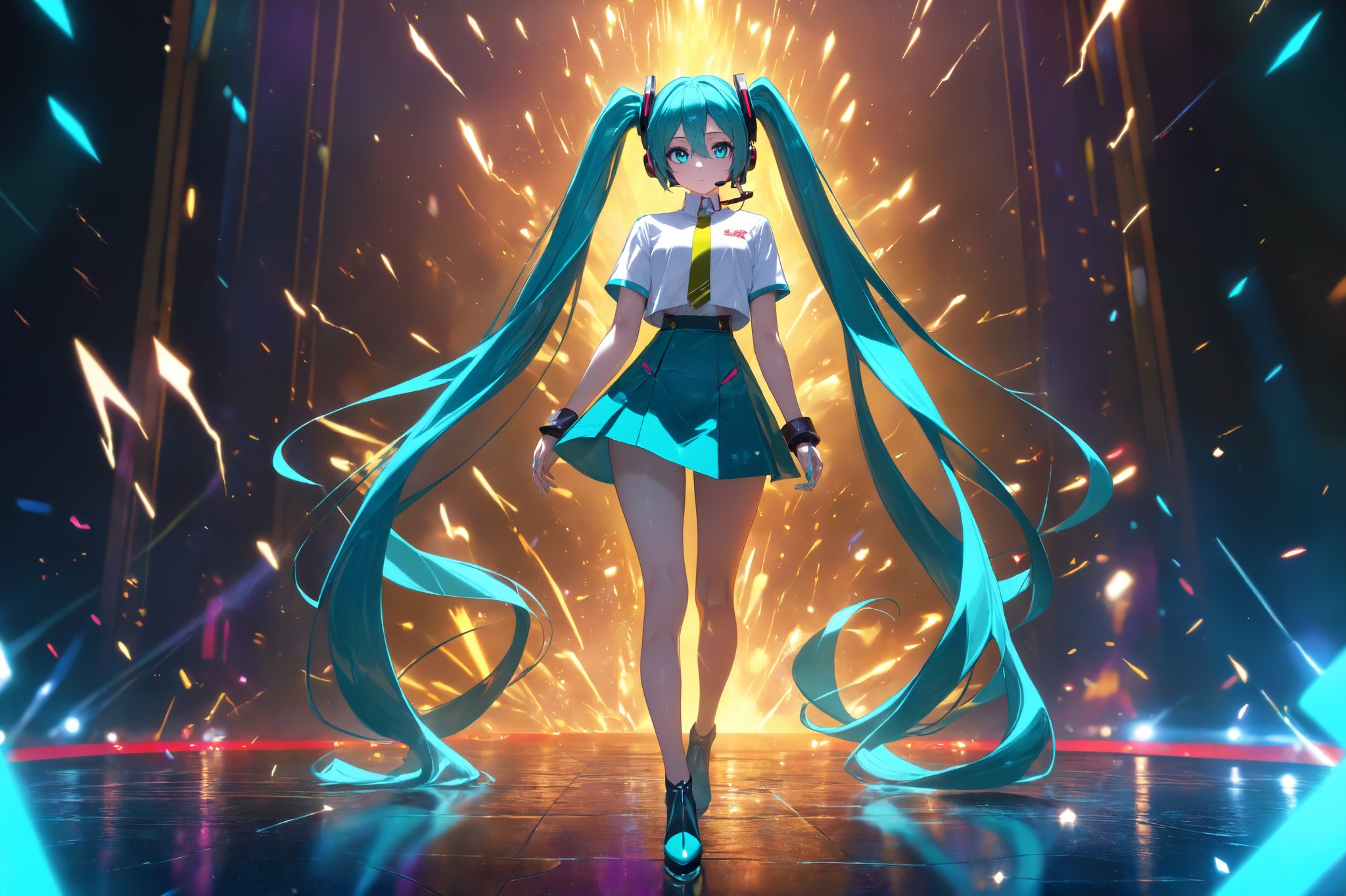 SCORE_9, SCORE_8_UP, SCORE_7_UP, SCORE_6_UP,

MASTERPIECE, BEST QUALITY, HIGH QUALITY, 
HIGHRES, ABSURDRES, PERFECT COMPOSITION,
INTRICATE DETAILS, ULTRA-DETAILED,
PERFECT FACE, PERFECT EYES,
NEWEST, 

Movie Poster page, (promotional poster), Hatsune Miku, 1female, solo, humanoid android, teal hair, teal eyes, singer's uniform, headset, WeirdOutfit style, concert, Nippon Budokan, glowneon, glowing, sparks, lightning, shadow minimalism, (best quality), (masterpiece), detailed, beautiful detailed eyes, perfect anatomy, perfect body, perfect face, perfect hair, perfect legs, perfect hands, perfect arms, perfect fingers, detailed hair, detailed face, detailed eyes, detailed clothes, detailed skin, ultra-detailed, (full body), (upper body), (top quality), pop art, extremely detailed, extremely detailed CG, (high resolution), highly detailed, (high quality), (perfect quality), (glitchcore colors), racingmiku2022