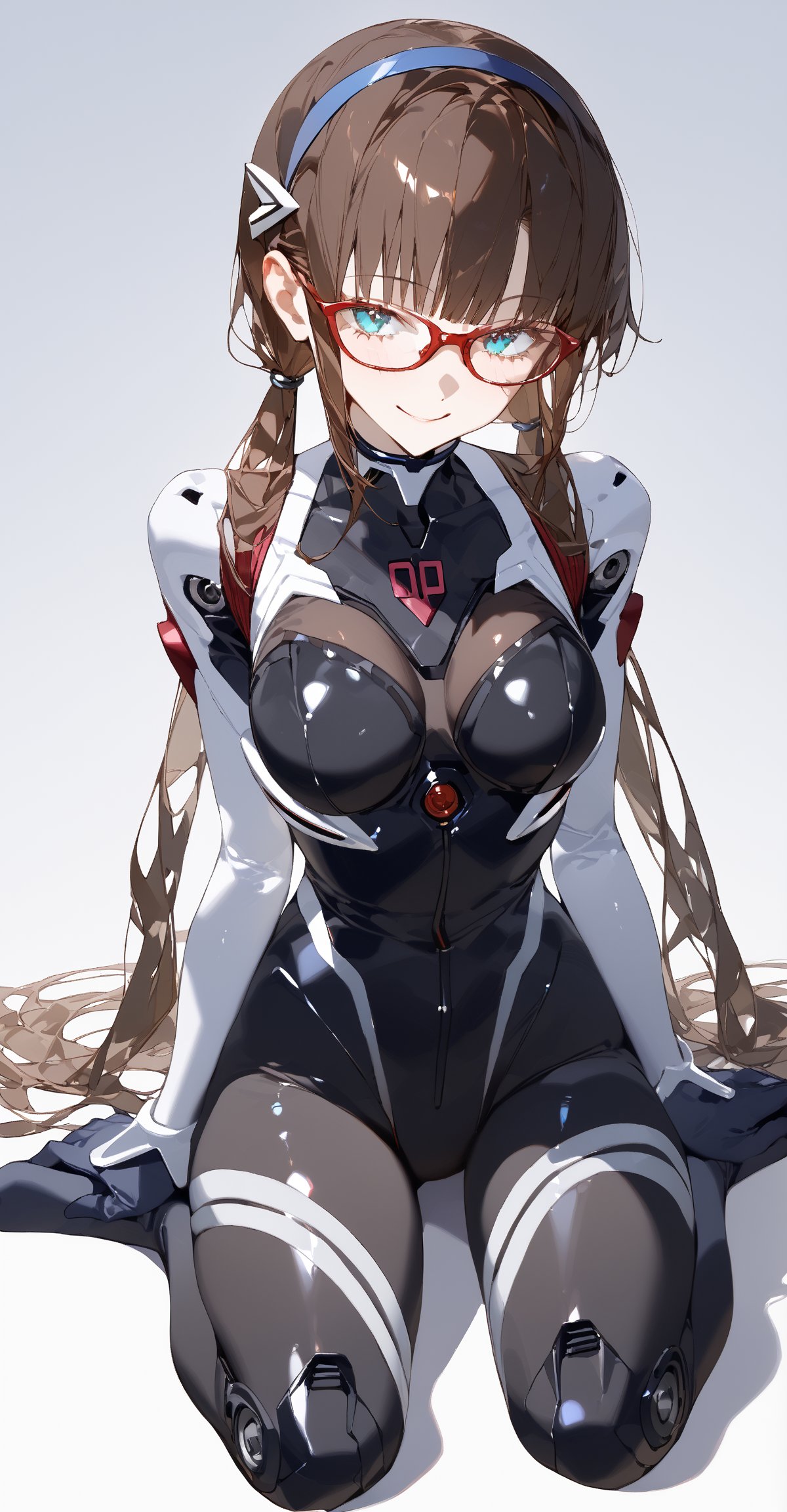 SCORE_9, SCORE_8_UP, SCORE_7_UP, SCORE_6_UP,

MASTERPIECE, BEST QUALITY, HIGH QUALITY, 
HIGHRES, ABSURDRES, PERFECT COMPOSITION,
INTRICATE DETAILS, ULTRA-DETAILED,
PERFECT FACE, PERFECT EYES,
NEWEST, AESTHETIC,

bodysuit, 1girl, glasses, plugsuit, long_hair, makinami_mari_illustrious, solo, sitting, hairband, looking_at_viewer, breasts, smile, bangs, twintails, white_bodysuit, low_twintails, gloves, aqua_eyes, pilot_suit, interface_headset, brown_hair, wariza, blue_eyes, red-framed_eyewear, blue_hairband, number, medium_breasts, large_breasts, shiny_hair, seiza, arm_support, full_body, shiny, skin_tight, mari makinami, ((black_bodysuit)), alternate_costume, (simple_background),