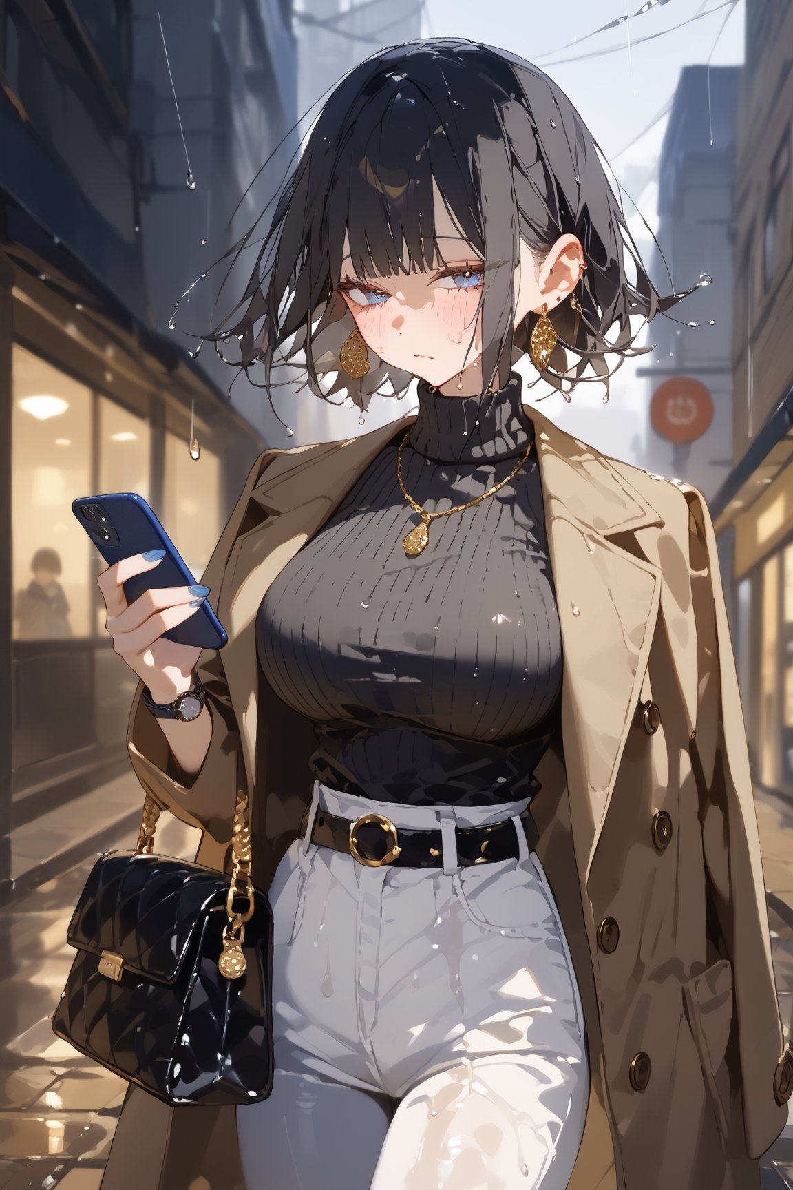 SCORE_9, SCORE_8_UP, SCORE_7_UP, SCORE_6_UP,

MASTERPIECE, BEST QUALITY, HIGH QUALITY, 
HIGHRES, ABSURDRES, PERFECT COMPOSITION,
INTRICATE DETAILS, ULTRA-DETAILED,
PERFECT FACE, PERFECT EYES,
NEWEST, AESTHETIC,

1girl, breasts, black_hair, blurry_background, sweater, rain, short_hair, solo, blurry, large_breasts, blush, outdoors, turtleneck, bangs, pants, blue_eyes, closed_mouth, coat, looking_away, jewelry, handbag, standing, turtleneck_sweater, bag, ribbed_sweater, long_sleeves, eyebrows_visible_through_hair, belt, jacket, huge_breasts, depth_of_field, black_sweater, half-closed_eyes, holding, cowboy_shot, watch, looking_at_viewer, wristwatch, white_pants, earrings, necklace, looking_to_the_side, book, brown_jacket, pout, grey_pants, holding_phone, phone, jacket_on_shoulders, brown_coat, sweat, holding_bag, denim, soaked, wet_clothing, raining, wet,