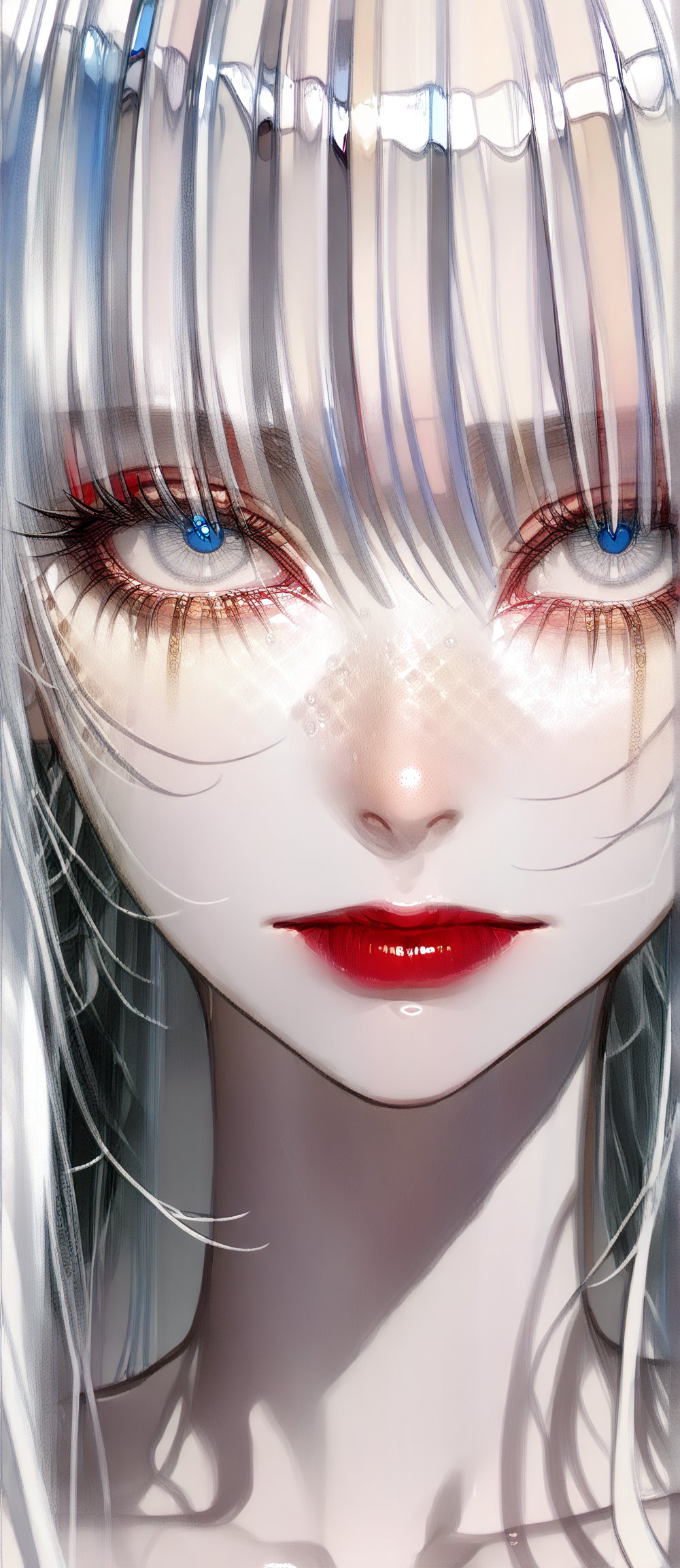 SCORE_9, SCORE_8_UP, SCORE_7_UP, SCORE_6_UP,

MASTERPIECE, BEST QUALITY, HIGH QUALITY, 
HIGHRES, ABSURDRES,
INTRICATE DETAILS, ULTRA-DETAILED,
NEWEST, AESTHETIC,

1girl, lips, solo, face, white_hair, nose, closed_mouth, (close-up:1.4), portrait, long_hair, freckles, eyelashes, bangs, makeup, simple_background, looking_at_viewer, red_lips, lipstick, hair_between_eyes, pale_skin, blue_eyes, white_skin,