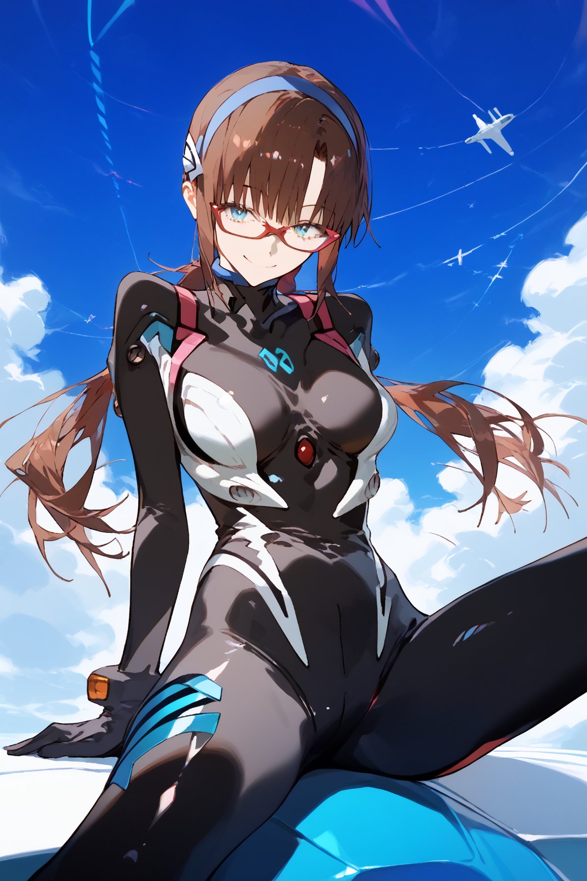 SCORE_9, SCORE_8_UP, SCORE_7_UP, SCORE_6_UP,

MASTERPIECE, BEST QUALITY, HIGH QUALITY, 
HIGHRES, ABSURDRES, PERFECT COMPOSITION,
INTRICATE DETAILS, ULTRA-DETAILED,
PERFECT FACE, PERFECT EYES,
NEWEST, AESTHETIC,

bodysuit, 1girl, glasses, plugsuit, long_hair, makinami_mari_illustrious, solo, sitting, hairband, looking_at_viewer, breasts, smile, bangs, twintails, white_bodysuit, low_twintails, gloves, aqua_eyes, pilot_suit, interface_headset, brown_hair, wariza, blue_eyes, red-framed_eyewear, blue_hairband, number, medium_breasts, large_breasts, shiny_hair, seiza, arm_support, full_body, shiny, skin_tight, mari makinami, ((black_bodysuit)), alternate_costume, (simple_background),