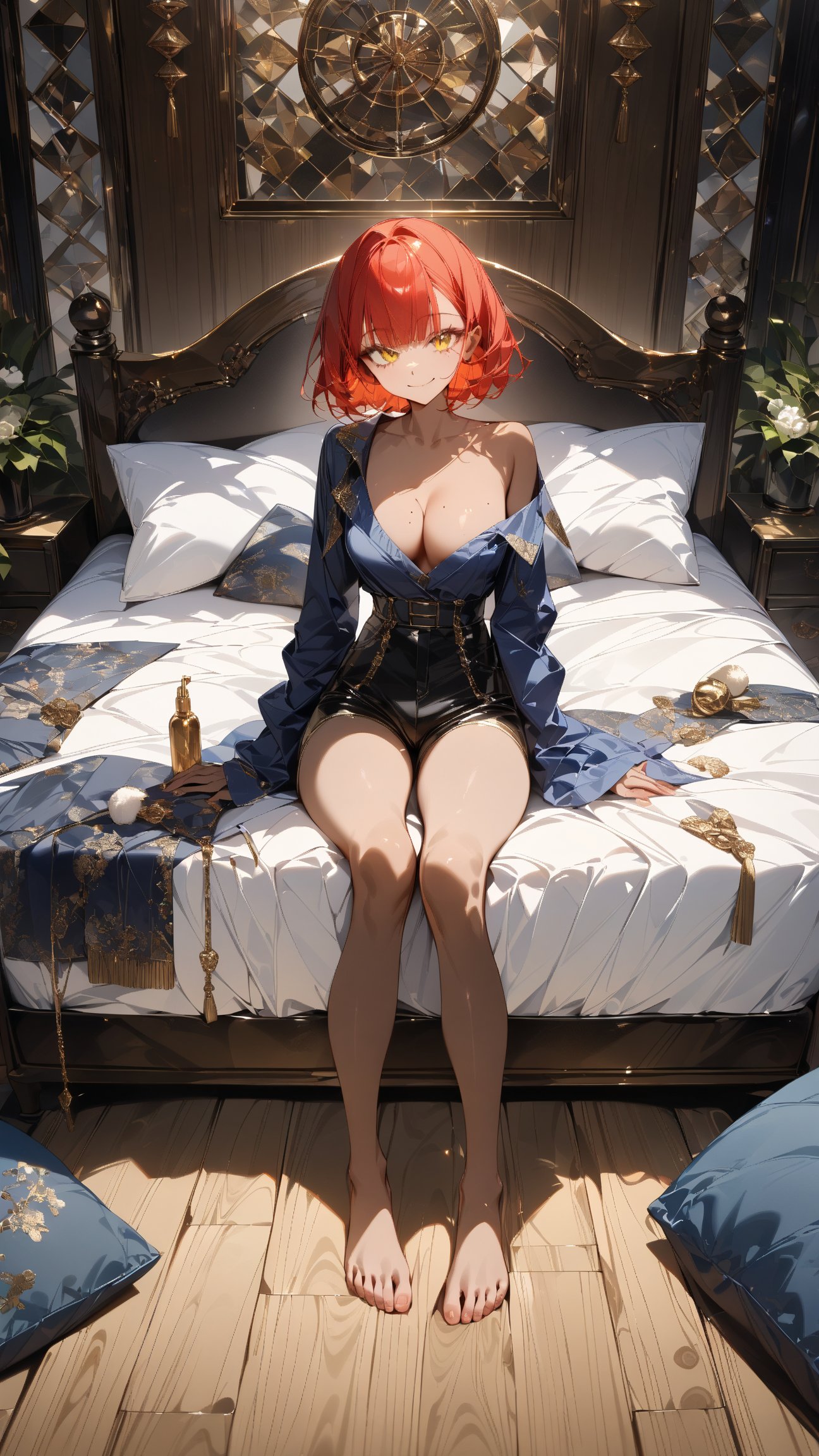 SCORE_9, SCORE_8_UP, SCORE_7_UP, SCORE_6_UP,

MASTERPIECE, BEST QUALITY, HIGH QUALITY, 
HIGHRES, ABSURDRES, PERFECT COMPOSITION,
INTRICATE DETAILS, ULTRA-DETAILED,
PERFECT FACE, PERFECT EYES,
NEWEST, AESTHETIC,

1girl, solo, short hair, breasts, looking at viewer, brush, smile, red_hair, holding, cleavage, sitting, closed mouth, full_body, shorts, barefoot, indoors, withe skin, mole, yelow_eyes, feet, dark skinned female, pillow, bed, toes, on bed, mole on breast, bare shoulders, medium breasts, off shoulder,