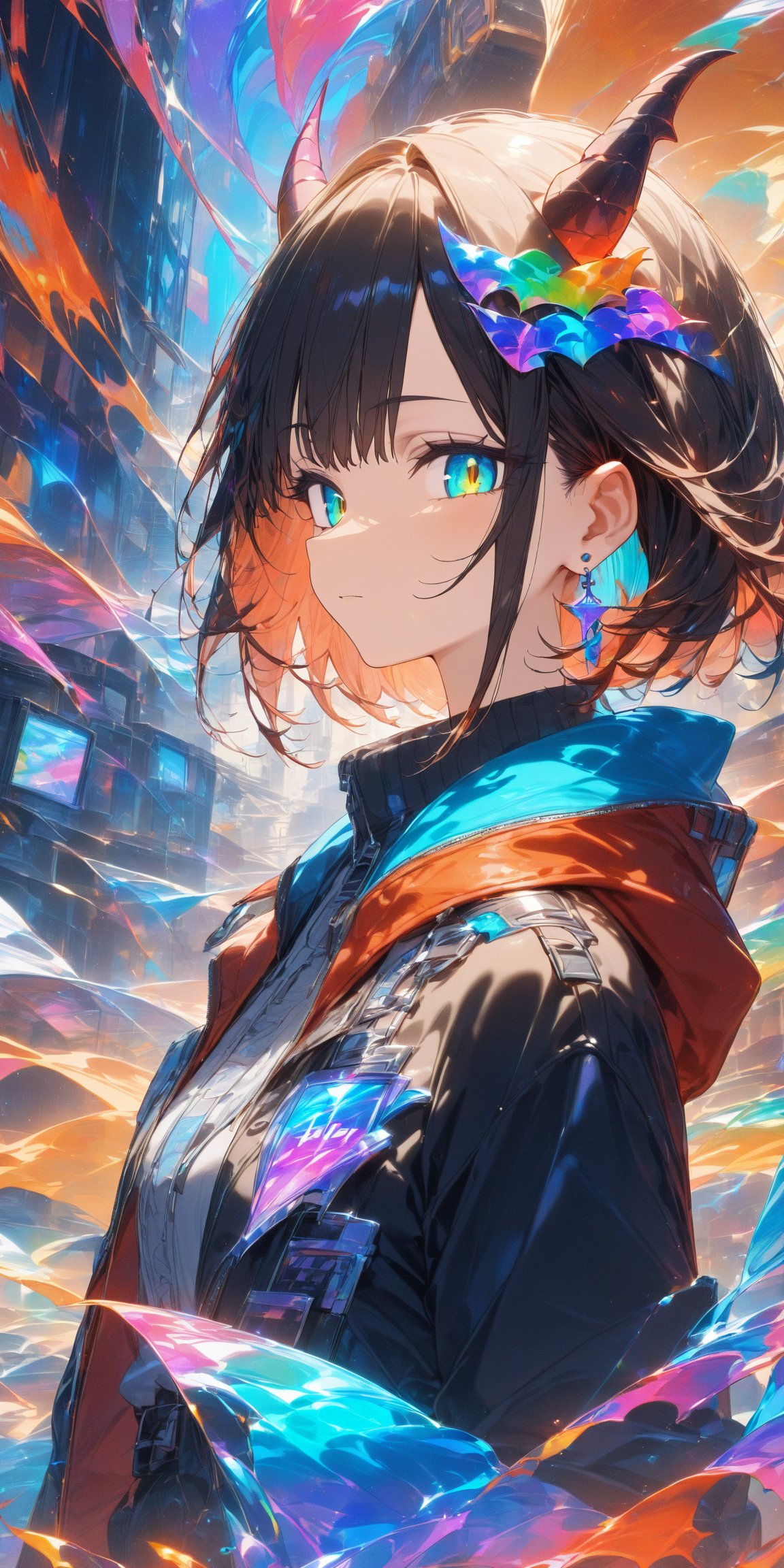 SCORE_9, SCORE_8_UP, SCORE_7_UP, SCORE_6_UP,

MASTERPIECE, BEST QUALITY, HIGH QUALITY, 
HIGHRES, ABSURDRES, PERFECT COMPOSITION,
INTRICATE DETAILS, ULTRA-DETAILED,
PERFECT FACE, PERFECT EYES,
NEWEST, 

rating:safe, 1girl, solo, horns, short_hair, jacket, blue_eyes, black_jacket, bangs, closed_mouth, looking_at_viewer, black_hair, chromatic_aberration, upper_body, expressionless, shirt, jewelry, from_side, earrings, looking_to_the_side, eyebrows_visible_through_hair, ear_piercing, demon_horns, colorful, glitch effect,