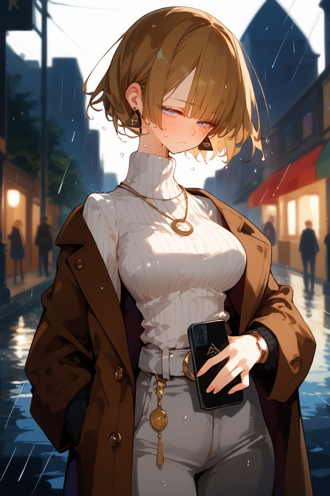 SCORE_9, SCORE_8_UP, SCORE_7_UP, SCORE_6_UP,

MASTERPIECE, BEST QUALITY, HIGH QUALITY, 
HIGHRES, ABSURDRES, PERFECT COMPOSITION,
INTRICATE DETAILS, ULTRA-DETAILED,
PERFECT FACE, PERFECT EYES,
NEWEST, AESTHETIC,

1girl, breasts, black_hair, blurry_background, sweater, rain, short_hair, solo, blurry, large_breasts, blush, outdoors, turtleneck, bangs, pants, blue_eyes, closed_mouth, coat, looking_away, jewelry, handbag, standing, turtleneck_sweater, bag, ribbed_sweater, long_sleeves, eyebrows_visible_through_hair, belt, jacket, huge_breasts, depth_of_field, black_sweater, half-closed_eyes, holding, cowboy_shot, watch, looking_at_viewer, wristwatch, white_pants, earrings, necklace, looking_to_the_side, book, brown_jacket, pout, grey_pants, holding_phone, phone, jacket_on_shoulders, brown_coat, sweat, holding_bag, denim, soaked, wet_clothing, raining,