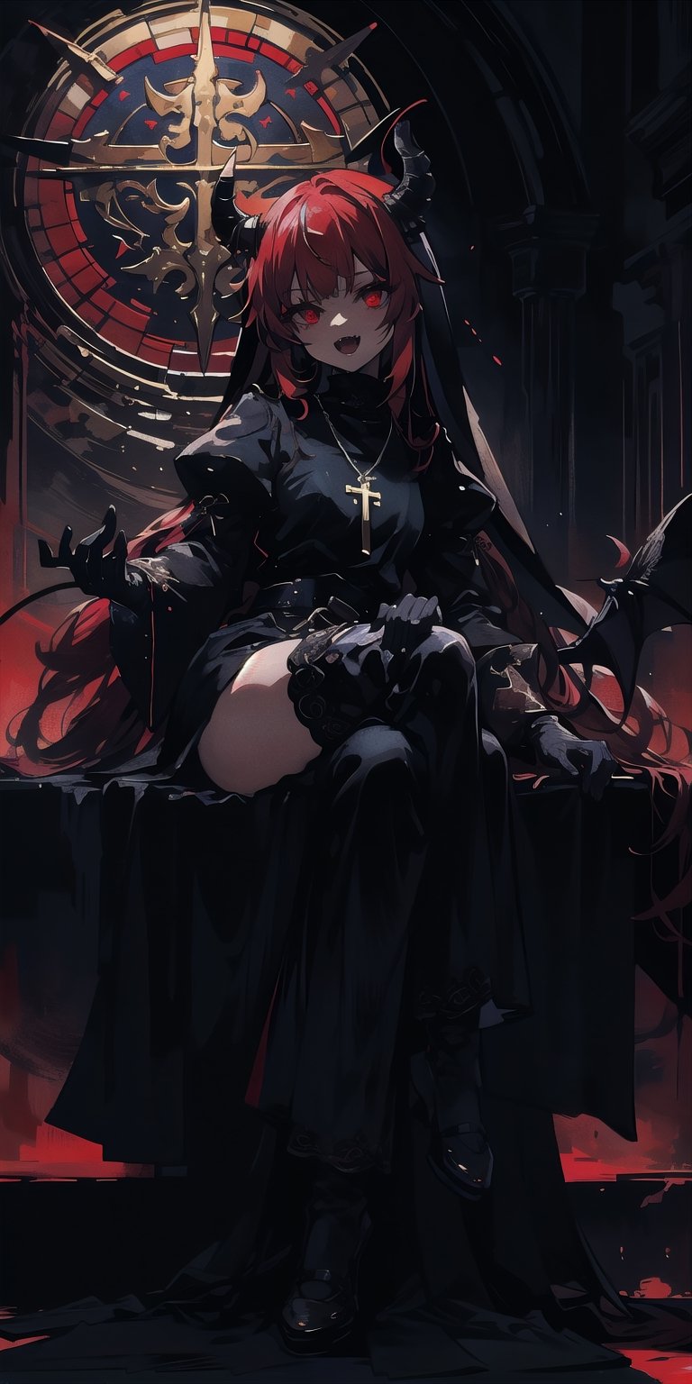 BEST QUALITY, HIGHRES, ABSURDRES, HIGH_RESOLUTION, MASTERPIECE, SUPER DETAIL, HYPER DETAIL, INTRICATE_DETAILS, PERFECTEYES, DARK EYELASHES, EYELINER, SOFT GLOWING EYES, 64K,

1girl, solo, long hair, looking at viewer, smile, open mouth, bangs, red eyes, thighhighs, gloves, long sleeves, jewelry, sitting, red hair, multicolored hair, horns, teeth, black gloves, puffy sleeves, black thighhighs, indoors, blunt bangs, necklace, glowing, fangs, demon girl, crossed legs, cross, demon horns, glowing eyes, nun, habit, cross necklace, stained glass, church, expressionless,Black