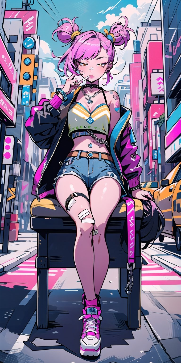 BEST QUALITY, HIGHRES, ABSURDRES, HIGH_RESOLUTION, MASTERPIECE, SUPER DETAIL, HYPER DETAIL, INTRICATE_DETAILS, PERFECTEYES, DARK EYELASHES, EYELINER, SOFT GLOWING EYES, 64K, SCORE_9,

1girl, double_bun, sitting, rating:safe, shoes, tattoo, pink_footwear, solo, jewelry, sneakers, jacket, belt, shorts, cigarette, choker, nose, tubetop, crop_top, pink_jacket, looking_at_viewer, pink_legwear, midriff, coat, nail_polish, breasts, lips, earrings, casual, open_clothes, makeup, brown_hair, brown_eyes, smoking, kuujou_jolyne, knee_up, long_legs, ring, long_sleeves, finger_to_mouth, cleavage, chair, short_shorts, socks, realistic, collar, tank_top, high_heels, eyeshadow, short_hair, strapless, alternate_costume, lollipop, studded_bracelet, sky, looking_to_the_side, multicolored_hair, medium_breasts, neon_lights, bare_legs, black_hair, piercing, legs, lipstick, denim, shirt, spikes, outdoors, building, necklace, chain, closed_mouth, two-tone_hair, bangs, nike, full_body, crossed_legs, weapon, hair_bun, platform_footwear, collarbone, hand_to_own_mouth, sleeves_past_wrists, navel_piercing, letterman_jacket, bandaid, boots, half-closed_eyes, mature_female,anime