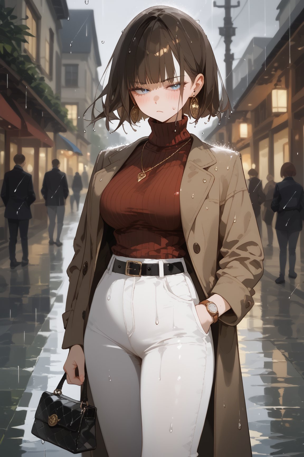 SCORE_9, SCORE_8_UP, SCORE_7_UP, SCORE_6_UP,

MASTERPIECE, BEST QUALITY, HIGH QUALITY, 
HIGHRES, ABSURDRES, PERFECT COMPOSITION,
INTRICATE DETAILS, ULTRA-DETAILED,
PERFECT FACE, PERFECT EYES,
NEWEST, AESTHETIC,

1girl, breasts, black_hair, blurry_background, sweater, rain, short_hair, solo, blurry, large_breasts, blush, outdoors, turtleneck, bangs, pants, blue_eyes, closed_mouth, coat, looking_away, jewelry, handbag, standing, turtleneck_sweater, bag, ribbed_sweater, long_sleeves, eyebrows_visible_through_hair, belt, jacket, huge_breasts, depth_of_field, black_sweater, half-closed_eyes, holding, cowboy_shot, watch, looking_at_viewer, wristwatch, white_pants, earrings, necklace, looking_to_the_side, book, brown_jacket, pout, grey_pants, holding_phone, phone, jacket_on_shoulders, brown_coat, sweat, holding_bag, denim, soaked, wet_clothing, raining, wet,