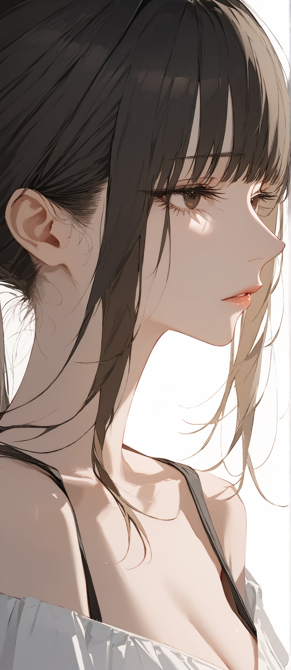 SCORE_9, SCORE_8_UP, SCORE_7_UP, SCORE_6_UP,

MASTERPIECE, BEST QUALITY, HIGH QUALITY, 
HIGHRES, ABSURDRES,
INTRICATE DETAILS, ULTRA-DETAILED,
NEWEST, AESTHETIC,

1girl, profile, ponytail, solo, breasts, lips, eyelashes, long_hair, bare_shoulders, from_side, upper_body, cleavage, black_hair, nose, medium_breasts, closed_mouth, looking_away, bangs, black_eyes, half-closed_eyes, parted_lips, shirt, brown_eyes, collarbone, brown_hair, off_shoulder, realistic, sidelocks,