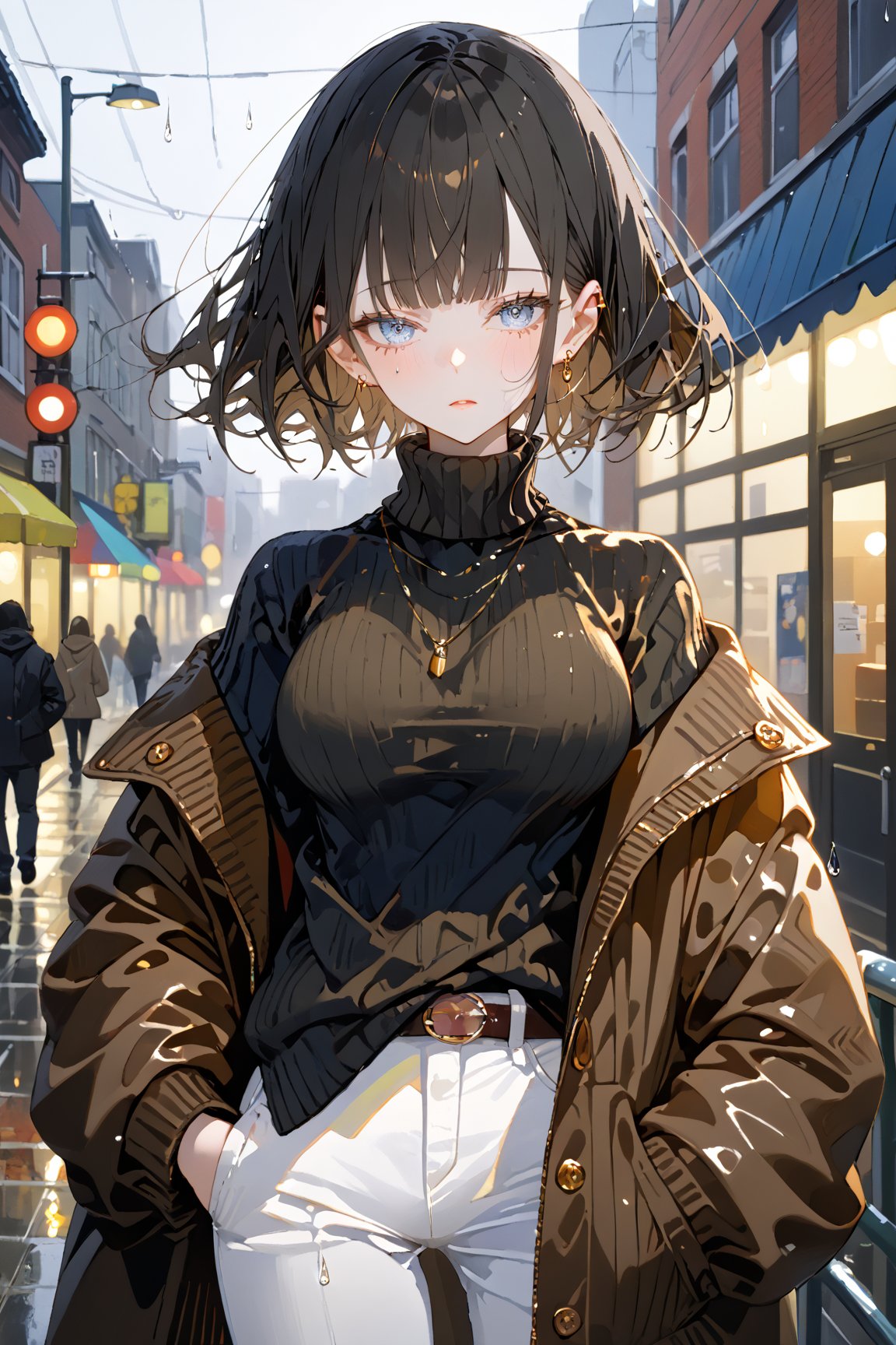 SCORE_9, SCORE_8_UP, SCORE_7_UP, SCORE_6_UP,

MASTERPIECE, BEST QUALITY, HIGH QUALITY, 
HIGHRES, ABSURDRES, PERFECT COMPOSITION,
INTRICATE DETAILS, ULTRA-DETAILED,
PERFECT FACE, PERFECT EYES,
NEWEST, AESTHETIC,

1girl, breasts, black_hair, blurry_background, sweater, rain, short_hair, solo, blurry, large_breasts, blush, outdoors, turtleneck, bangs, pants, blue_eyes, closed_mouth, coat, looking_away, jewelry, handbag, standing, turtleneck_sweater, bag, ribbed_sweater, long_sleeves, eyebrows_visible_through_hair, belt, jacket, huge_breasts, depth_of_field, black_sweater, half-closed_eyes, holding, cowboy_shot, watch, looking_at_viewer, wristwatch, white_pants, earrings, necklace, looking_to_the_side, book, brown_jacket, pout, grey_pants, holding_phone, phone, jacket_on_shoulders, brown_coat, sweat, holding_bag, denim, soaked, wet_clothing, raining, wet, big_hips,