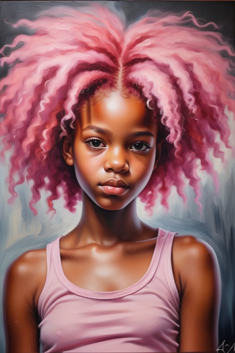 Create an oil painting depicting a beautiful 14-year-old Jamaican girl with fair skin and pink afro hair. The focus should be a close-up of her face from a frontal view. Use the rich texture and depth of oil paint to capture the details of her voluminous afro hair and the softness of her fair skin. The piece should convey a sense of delicacy and strength, with soft brushstrokes and layers of color that create an immersive atmosphere, highlighting the uniqueness of her expression and the vibrancy of her pink hair