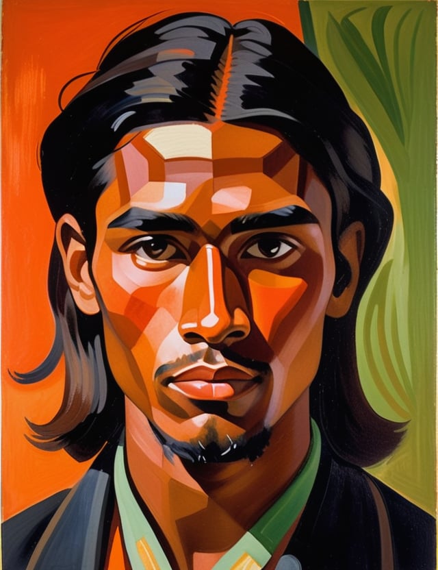 A close-up portrait of a 22-year-old Bolivian man with caramel skin and long, straight black hair, serious expression, front view, in gouache style, using a warm palette of deep browns, rich oranges, and subtle greens with smooth, matte textures. Artists: Mary Blair, John Singer Sargent, Henri Matisse.