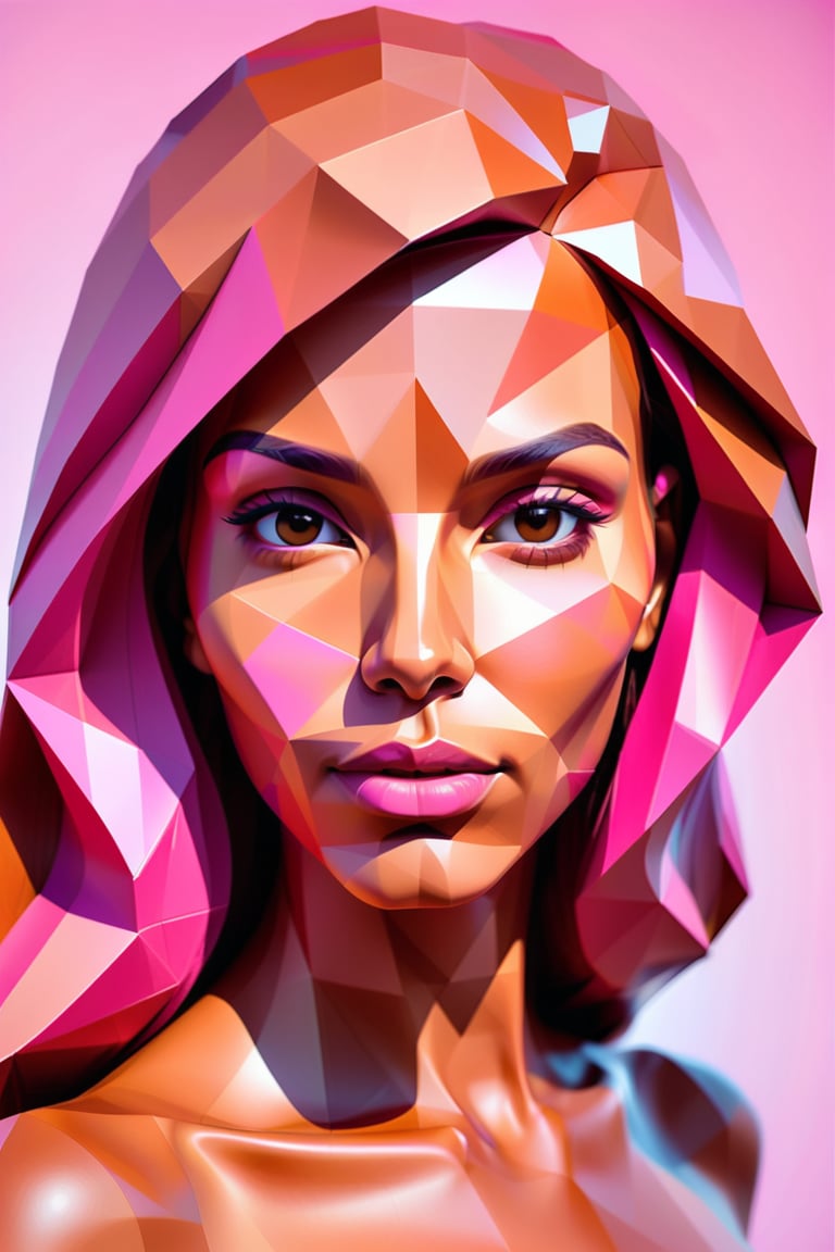 Create a polygonal-style artwork depicting a beautiful 34-year-old Colombian woman with caramel skin and long, straight pink hair. The focus should be a close-up of her face from a frontal view. Use geometric shapes and sharp angles to precisely capture her features, emphasizing the contrast between the softness of her caramel skin and the vibrant pink of her hair. The piece should convey a sense of modernity and elegance, with polygonal facets that create a visually intriguing and harmonious composition, accentuating her unique beauty.