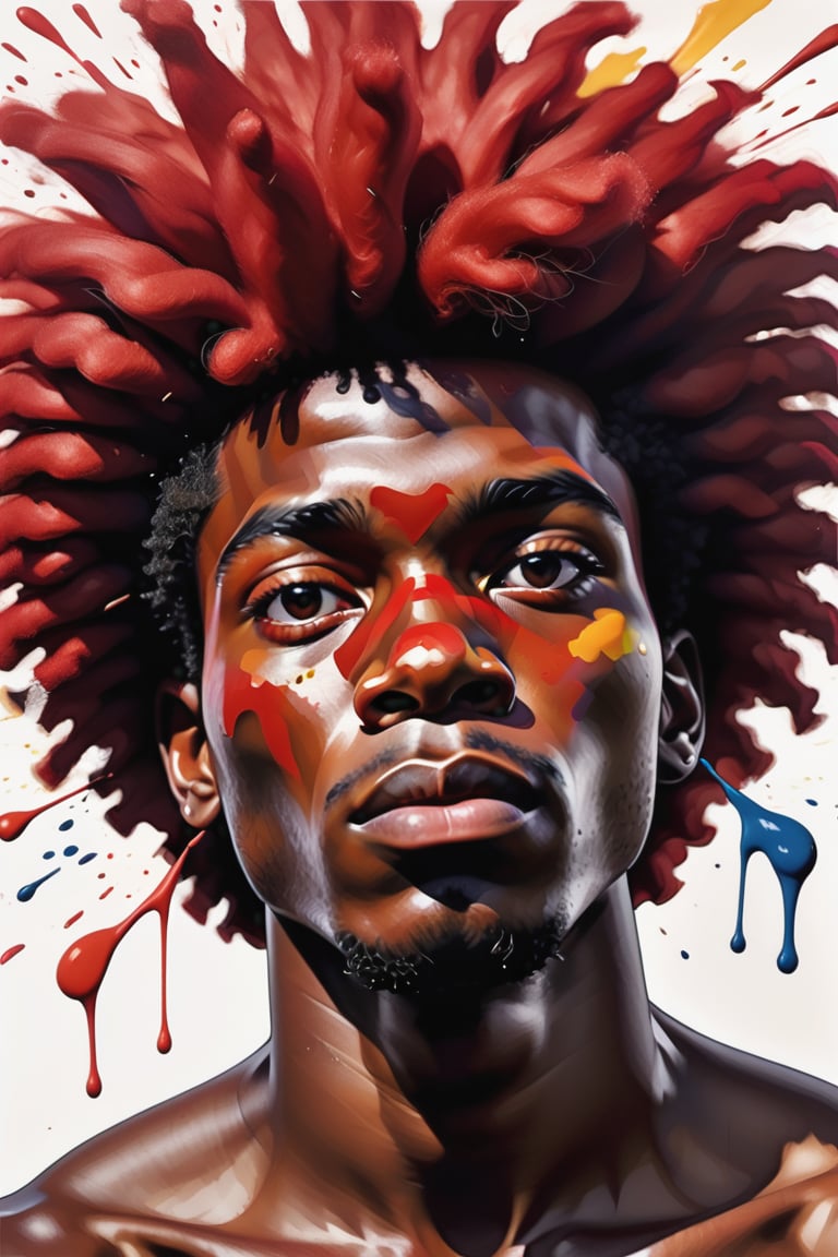 Create a gouache artwork with color splashes, depicting a 20-year-old Bolivian man with dark skin and short, red afro hair. The focus should be a close-up of his face from a frontal view. Use the vividness of gouache colors combined with dynamic splashes to capture the vibrant energy of his features, highlighting the contrast between the depth of his dark skin and the visual impact of his red afro hair. The piece should convey a sense of boldness and dynamism, with expressive brushstrokes that bring the composition to life and enhance the uniqueness of the portrait.