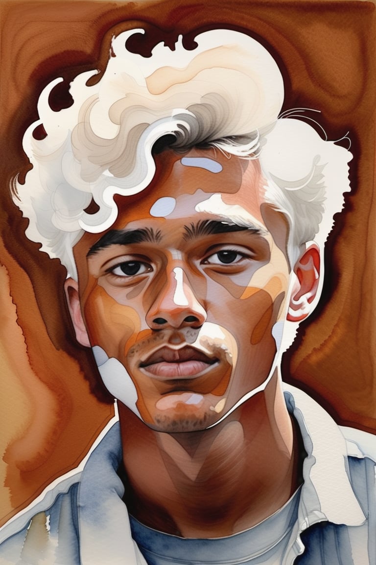 Create a gouache and watercolor artwork depicting a 23-year-old Finnish man with caramel skin and short, curly white hair. The focus should be a close-up of his face from a frontal view. Use the softness and transparency of watercolor to craft a fluid background, while gouache adds bolder details to his features and curly white hair. The combination of the two techniques should convey a sense of harmonious contrast, highlighting the texture of his hair and the glow of his caramel skin, creating a balanced and vibrant composition.





