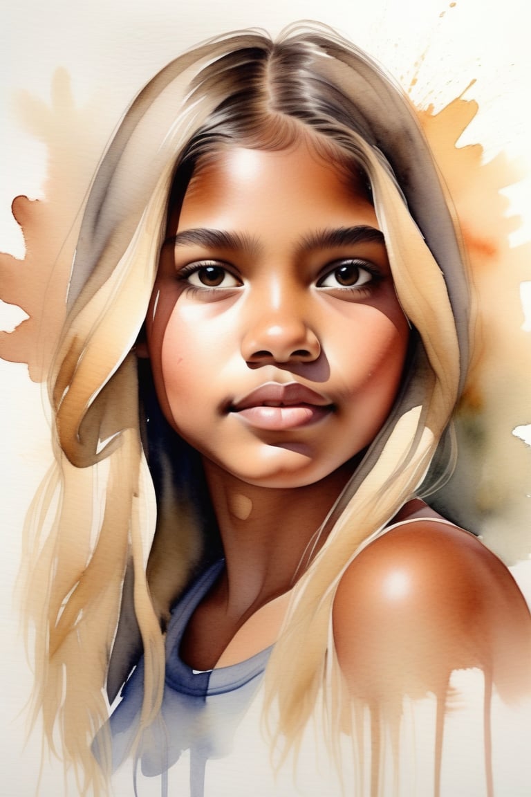 Create a watercolor artwork depicting a beautiful 15-year-old Mexican girl with dark skin and short, straight blonde hair. The focus should be a close-up of her face from a frontal view. Use the softness and transparency of watercolor to capture the delicacy of her features, contrasting the depth of her dark skin with the brightness of her blonde hair. The piece should convey a sense of lightness and freshness, with gentle brushstrokes that highlight her natural beauty and the harmony between her skin tone and hair color.