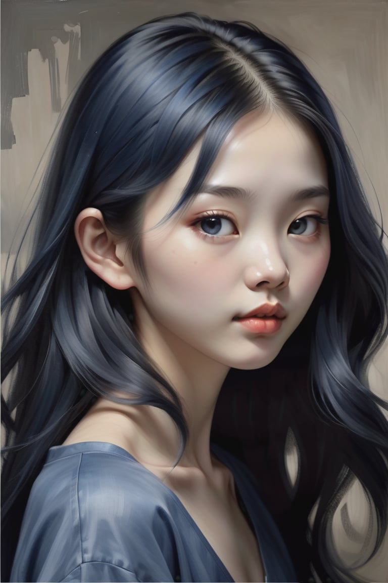  Create an oil painting artwork depicting a beautiful 20-year-old Chinese woman with fair skin and long, loose navy blue hair. The focus should be a close-up of her face from a frontal view. Use the richness and depth of oil painting to capture the details of her pale skin and the softness of her loose hair. The navy blue color of her hair should stand out elegantly, creating a subtle and sophisticated contrast with her skin tone, while textured brushstrokes add realism and depth to the composition.












