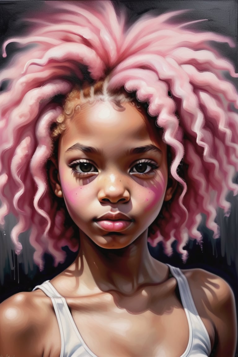 Create an oil painting depicting a beautiful 14-year-old Jamaican girl with fair skin and pink afro hair. The focus should be a close-up of her face from a frontal view. Use the rich texture and depth of oil paint to capture the details of her voluminous afro hair and the softness of her fair skin. The piece should convey a sense of delicacy and strength, with soft brushstrokes and layers of color that create an immersive atmosphere, highlighting the uniqueness of her expression and the vibrancy of her pink hair