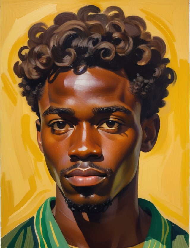 A close-up portrait of a 24-year-old Nigerian man with dark skin and short, curly hair, serious expression, front view, in gouache style, using a rich palette of deep browns, warm yellows, and subtle greens with smooth, matte textures. Artists: Mary Blair, John Singer Sargent, Henri Matisse.