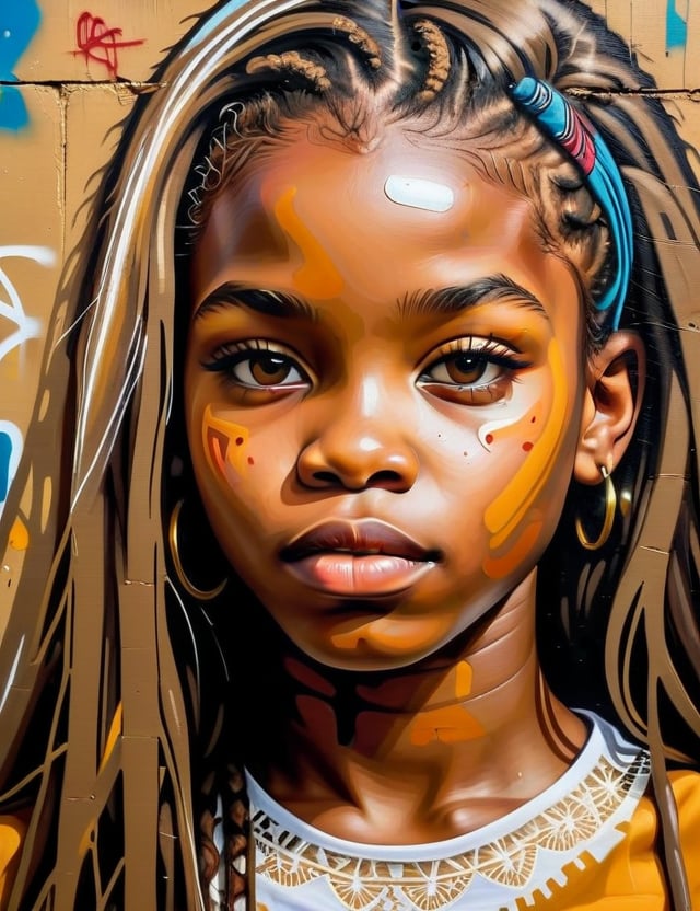  A graffiti art style on canvas of a beautiful 14-year-old Nigerian girl with caramel skin tone and long, straight hair, close-up of her face, front view. (((intricate details))), (((best quality))), (((extreme detail quality))), (((complex composition))), in the style of Banksy, Jean-Michel Basquiat, Shepard Fairey.

