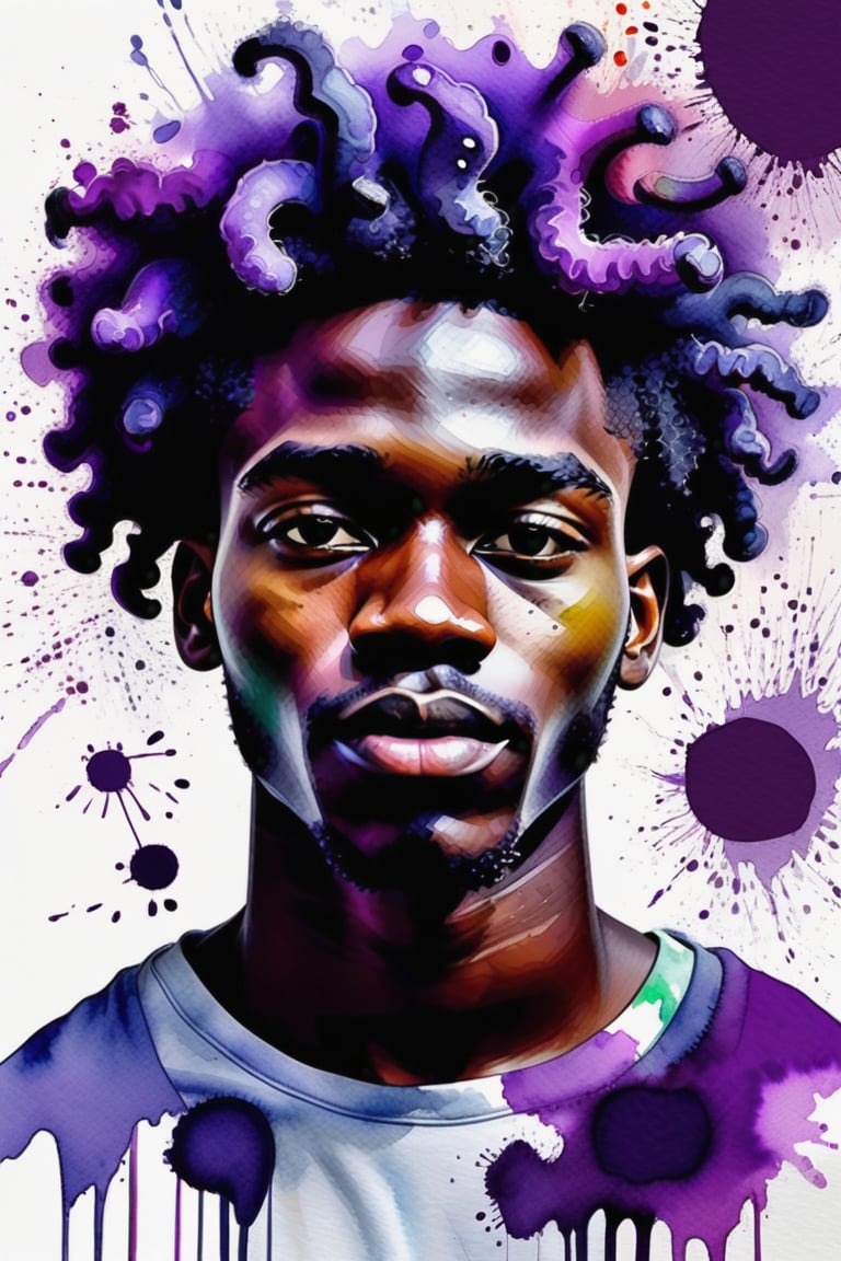 Create a watercolor artwork with color splashes, depicting a 23-year-old Jamaican man with dark skin and short, curly purple hair. The focus should be a close-up of his face from a frontal view. Use the softness of watercolor to create a fluid and harmonious background, while vibrant color splashes add energy to the composition. His curly purple hair should stand out against his dark skin, creating a striking and modern contrast that brings vitality and strength to the piece.