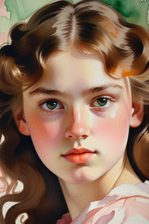 A close-up portrait of a beautiful 17-year-old Russian woman with caramel skin and tightly curled hair, front view, in watercolor on canvas style, using a delicate palette of soft pinks, warm oranges, and light greens with smooth, fluid textures. Artists: Winslow Homer, John Singer Sargent, Georgia O'Keeffe.