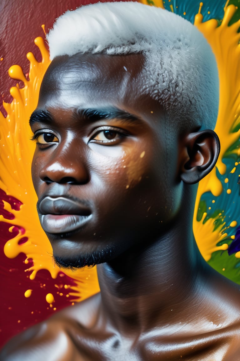  Create an oil painting artwork with color splashes, depicting a 23-year-old Cameroonian man with dark skin and short, straight white hair. The focus should be a close-up of his face from a frontal view. Use the rich texture of oil painting to capture the details of his skin and features, while vibrant color splashes bring movement and energy to the composition. His short, straight white hair should stand out strikingly against his dark skin, creating a visually impactful and expressive piece.






