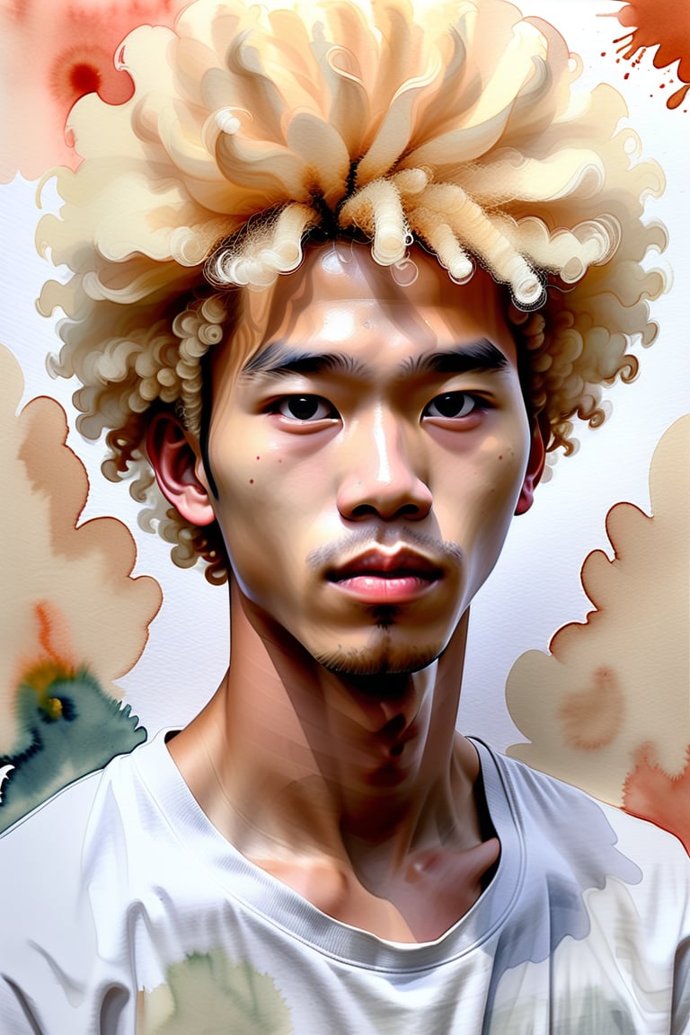 Create a watercolor and gouache artwork depicting a 20-year-old Vietnamese man with fair skin and blonde afro hair. The focus should be a close-up of his face from a frontal view. Use the softness and fluidity of watercolor for the gentler areas and the vibrant intensity of gouache to highlight the blonde afro hair and facial contours. The piece should convey a sense of balance between delicacy and boldness, with a harmonious combination of techniques that emphasize the uniqueness of his appearance and expression.