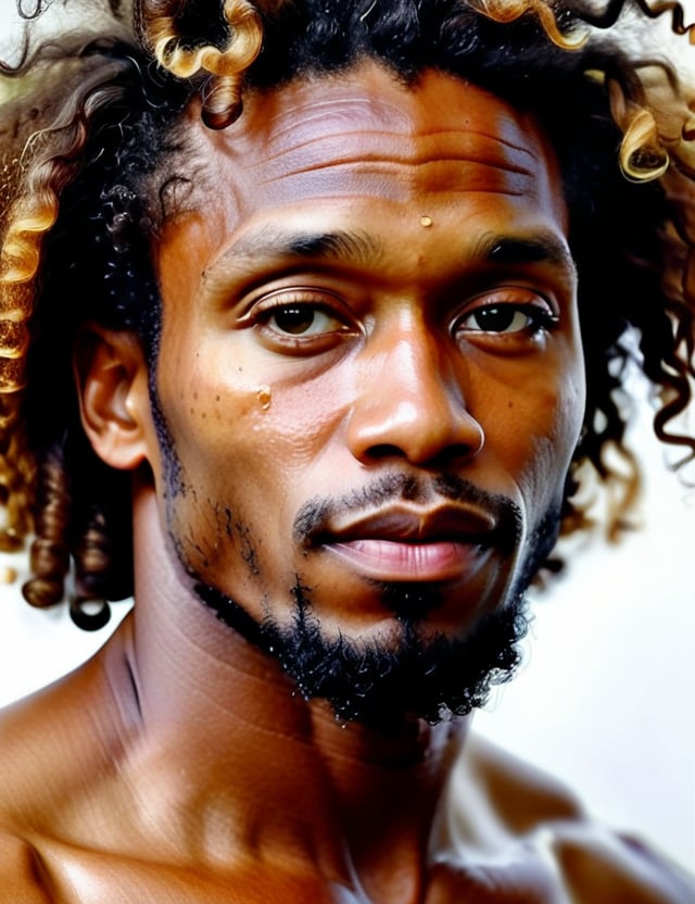  Watercolor style, a Jamaican man around 35 years old with caramel skin tone and loose curly hair, close-up of face, front view, serious expression. [Joseph Zbukvic, Agnes-Cecile, Yuko Nagayama]