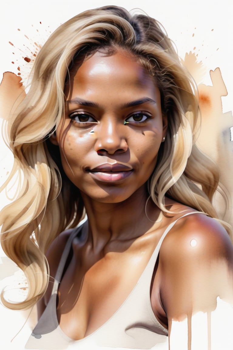 Create a watercolor artwork depicting a beautiful 35-year-old Angolan woman with tan skin and full, wavy blonde hair. The focus should be a close-up of her face from a frontal view. Use the lightness and fluidity of watercolor to capture the softness of her skin and the voluminous texture of her blonde hair, creating a delicate contrast between the warm tones of her skin and the brightness of her hair. The piece should convey a sense of elegance and naturalness, with soft brushstrokes that highlight the expressiveness of her face and the richness of the colors.






