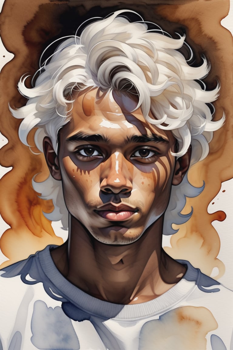 Create a gouache and watercolor artwork depicting a 23-year-old Finnish man with caramel skin and short, curly white hair. The focus should be a close-up of his face from a frontal view. Use the softness and transparency of watercolor to craft a fluid background, while gouache adds bolder details to his features and curly white hair. The combination of the two techniques should convey a sense of harmonious contrast, highlighting the texture of his hair and the glow of his caramel skin, creating a balanced and vibrant composition.





