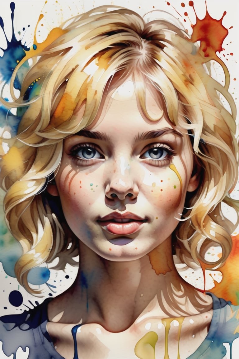 Create a watercolor artwork with color splashes, depicting a beautiful 25-year-old Argentine woman with fair skin and short, tightly curled blonde hair. The focus should be a close-up of her face from a frontal view. Use the fluidity and spontaneity of watercolor to capture the lightness of her features, with vibrant splashes highlighting the texture of her blonde curls and the brightness of her skin. The piece should convey a sense of energy and freshness, with soft brushstrokes and splashes of color creating a dynamic and expressive effect.






