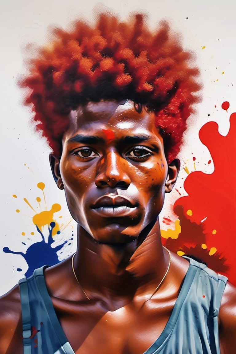 Create a gouache artwork with color splashes, depicting a 20-year-old Bolivian man with dark skin and short, red afro hair. The focus should be a close-up of his face from a frontal view. Use the vividness of gouache colors combined with dynamic splashes to capture the vibrant energy of his features, highlighting the contrast between the depth of his dark skin and the visual impact of his red afro hair. The piece should convey a sense of boldness and dynamism, with expressive brushstrokes that bring the composition to life and enhance the uniqueness of the portrait.