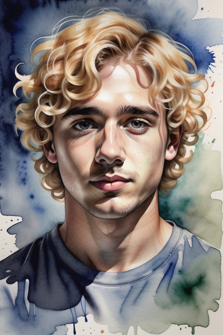 Create a crayon and watercolor painting artwork depicting a 25-year-old Spanish man with fair skin and short, tightly curled blonde hair. The focus should be a close-up of his face from a frontal view. Use crayon to bring texture and definition to the details of his curly hair and facial features, while watercolor provides a soft and fluid base for the skin tones and background. The combination of techniques should create a contrast between the rich texture of the crayon and the translucent lightness of the watercolor, highlighting the harmony of his appearance.


















