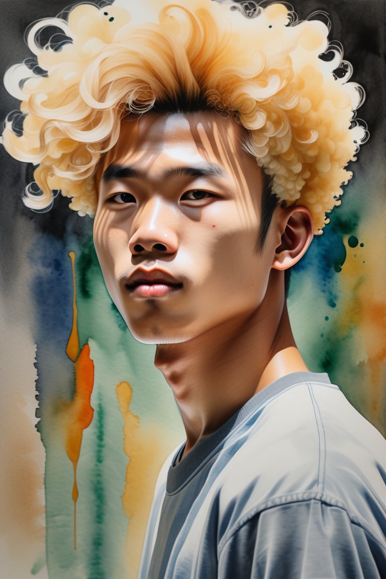 Create a watercolor and gouache artwork depicting a 20-year-old Vietnamese man with fair skin and blonde afro hair. The focus should be a close-up of his face from a frontal view. Use the softness and fluidity of watercolor for the gentler areas and the vibrant intensity of gouache to highlight the blonde afro hair and facial contours. The piece should convey a sense of balance between delicacy and boldness, with a harmonious combination of techniques that emphasize the uniqueness of his appearance and expression.