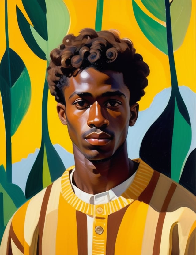 A close-up portrait of a 24-year-old Nigerian man with dark skin and short, curly hair, serious expression, front view, in gouache style, using a rich palette of deep browns, warm yellows, and subtle greens with smooth, matte textures. Artists: Mary Blair, John Singer Sargent, Henri Matisse.