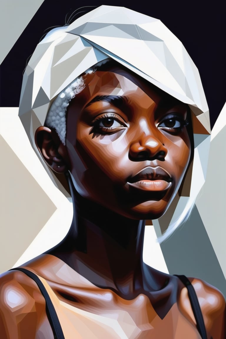 Create a polygonal artwork depicting a beautiful 16-year-old Nigerian girl with dark skin and short, straight white hair. The focus should be a close-up of her face from a frontal view. Use geometric shapes and distinct angles to capture her features with precision, highlighting the contrast between the depth of her dark skin and the brightness of her white hair. The piece should convey a sense of modernity and strength, with sharp lines and angular facets that create a visually intriguing and unique composition.






