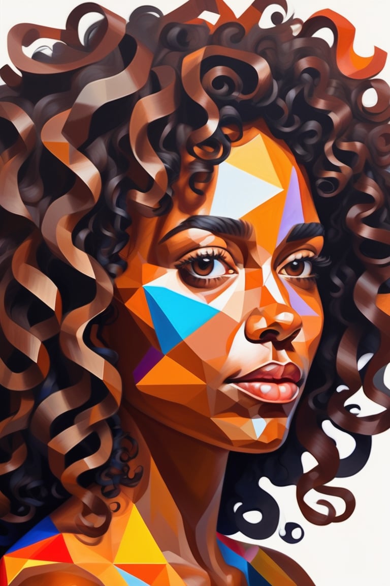 Create a polygonal and gouache-style artwork depicting a beautiful 45-year-old Paraguayan woman with dark skin and loose, curly hair. The focus should be a close-up of her face from a frontal view. Use polygonal geometric shapes to sculpt her features, creating a bold and modern angular structure, while gouache brings depth and softness to the textures of her skin and curly hair. The composition should balance the precision of the polygonal style with the vibrant richness of gouache colors, highlighting the strength and elegance of her expression.














