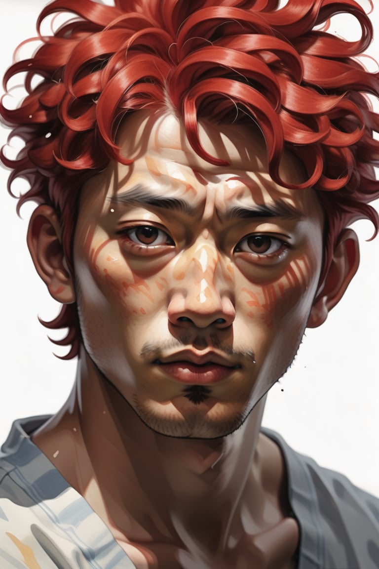 Create a gouache artwork depicting a 30-year-old Japanese man with fair skin and short, curly red hair. The focus should be a close-up of his face from a frontal view. Use the vividness and intensity of gouache colors to capture the texture of his curly hair and the details of his facial features, contrasting the light skin with the vibrant shine of his red hair. The piece should convey a sense of boldness and modernity, with expressive brushstrokes that emphasize the strong and unique personality of the subject.