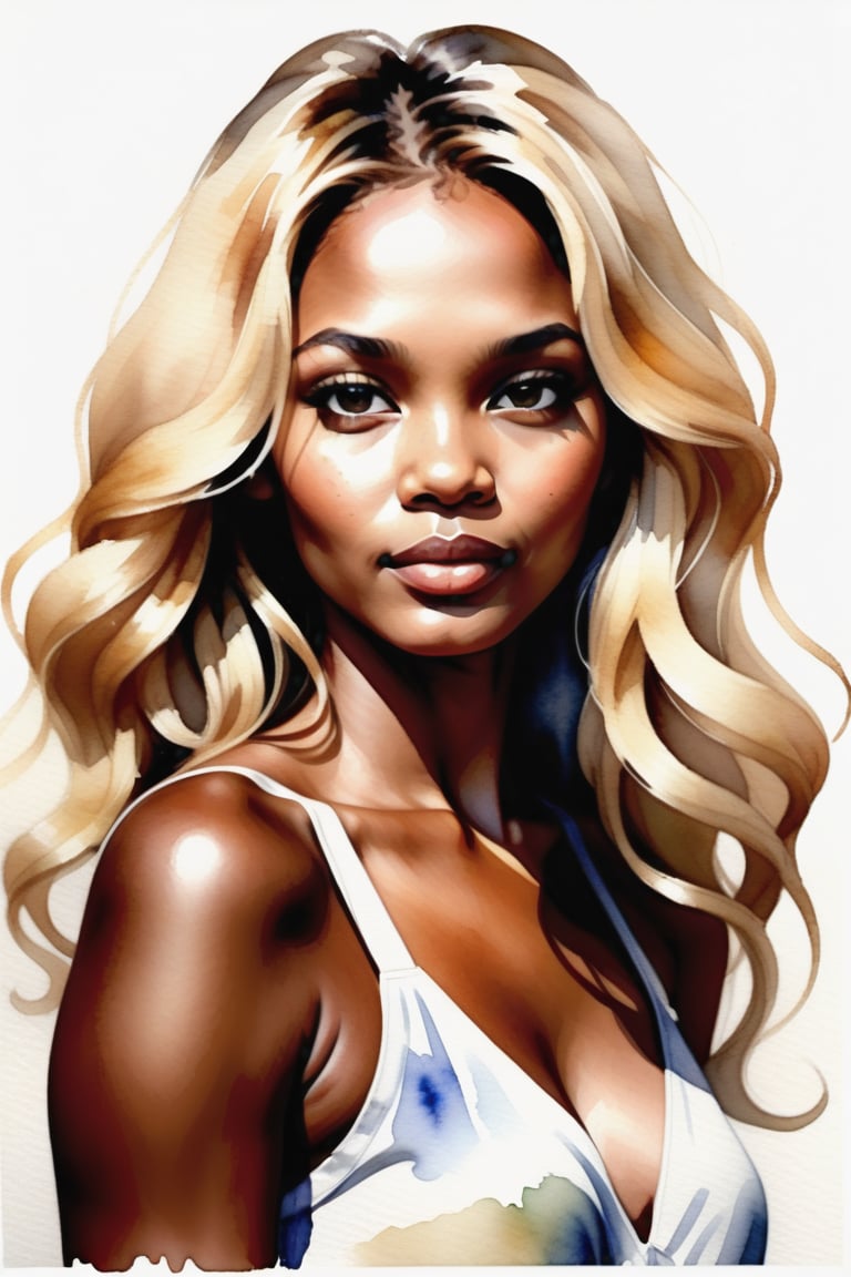 Create a watercolor artwork depicting a beautiful 35-year-old Angolan woman with tan skin and full, wavy blonde hair. The focus should be a close-up of her face from a frontal view. Use the lightness and fluidity of watercolor to capture the softness of her skin and the voluminous texture of her blonde hair, creating a delicate contrast between the warm tones of her skin and the brightness of her hair. The piece should convey a sense of elegance and naturalness, with soft brushstrokes that highlight the expressiveness of her face and the richness of the colors.






