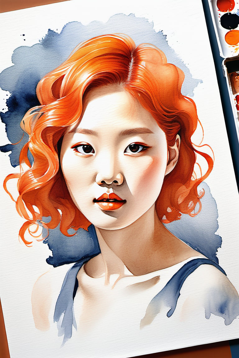  Create a watercolor artwork with soft gouache, depicting a beautiful 25-year-old Korean woman with fair skin and short, tightly curled orange hair. The focus should be a close-up of her face from a frontal view. Use the lightness and fluidity of watercolor to create a soft base, while gouache adds touches of texture and depth to her features. Her curly orange hair should stand out vibrantly against her fair skin, bringing balance and harmony to the composition.