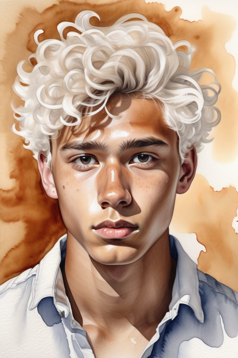 Create a gouache and watercolor artwork depicting a 23-year-old Finnish man with caramel skin and short, curly white hair. The focus should be a close-up of his face from a frontal view. Use the softness and transparency of watercolor to craft a fluid background, while gouache adds bolder details to his features and curly white hair. The combination of the two techniques should convey a sense of harmonious contrast, highlighting the texture of his hair and the glow of his caramel skin, creating a balanced and vibrant composition.





