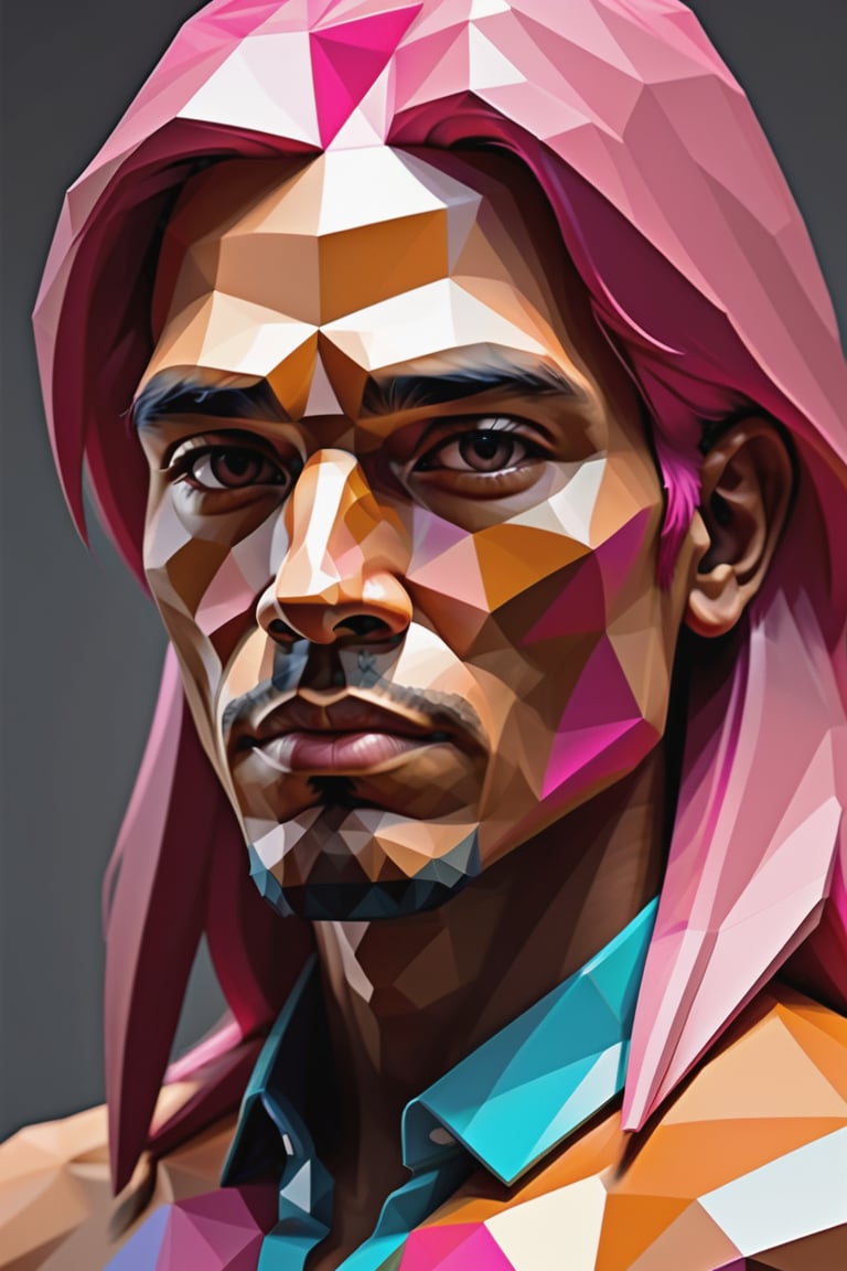 Create a polygonal-style artwork, depicting a 30-year-old Bolivian man with caramel skin and long, straight pink hair. The focus should be a close-up of his face from a frontal view. Use polygonal geometric shapes to sculpt his features with precision and modernity. His long pink hair should stand out against his caramel skin tone, creating a bold and expressive composition, where angular shapes bring a contemporary and stylized feel.