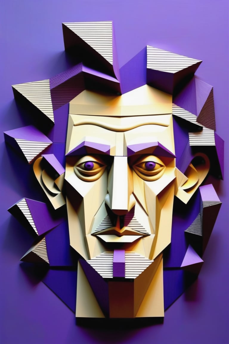 Create a cubist artwork depicting a mature 35-year-old Italian man with fair skin and long, curly purple hair. The focus should be a close-up of his face from a frontal view. Use fragmented shapes and multiple perspectives typical of cubism to abstractly capture his features, emphasizing facial contours and the vibrant curls of his purple hair. The piece should convey a sense of complexity and depth, with angular lines and overlapping forms that create a dynamic and intriguing composition.






